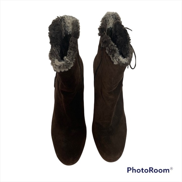 Stuart Weitzman Brown Suede Faux Fur Trim Lace Up Zip Up Ankle Boots - Picture 5 of 16